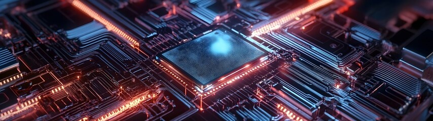 Poster - Close up view of an intricate digital circuit board with glowing metallic connections geometric patterns and a high tech futuristic aesthetic