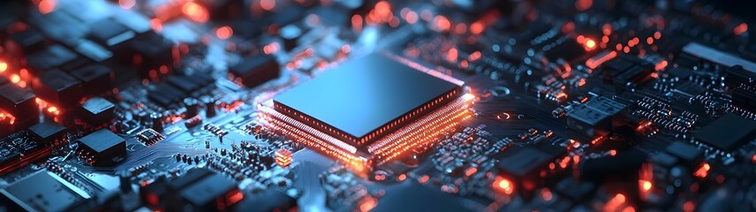 Poster - Closeup detailed shot of an intricate electronic circuit board with illuminated microchips processors and glowing red lights