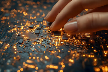 Poster - Close up of Hand Interacting with Glowing Circuit Board