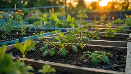 Poster - Vegetable garden at sunrise with young plants in raised beds and blooming flowers for urban gardening theme.