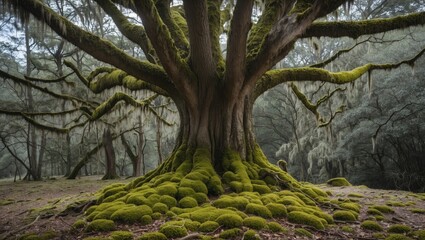 Poster - ancient oak tree with moss-covered roots in a foggy forest environment showcasing intricate details 