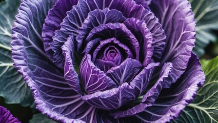 Poster - close-up of a vibrant purple ornamental cabbage with intricate leaf patterns and rich textures in a 
