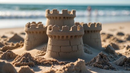Poster - sandcastle on the beach with intricate details at the water's edge during a sunny day with gentle wa
