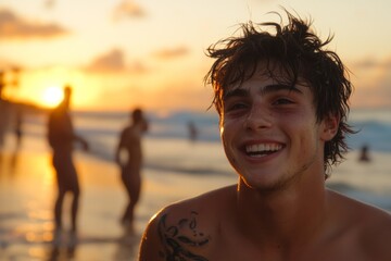 Sticker - Young man smiles joyfully at the beach during sunset while others enjoy the water