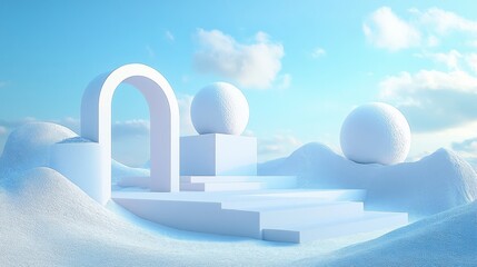 Sticker - 92.A surreal winter landscape with clean, geometric shapes like cubes, spheres, and arches, highlighted by soft natural light that gently illuminates a sleek podium, surrounded by minimalistic, snowy