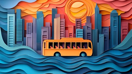 Paper cut art featuring a city bus, representing urban commuting with bold, artistic lines and a playful, contemporary vibe.