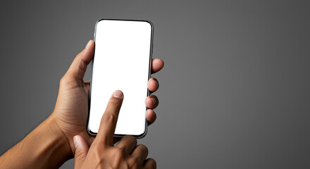 Poster - Smartphone in hand. Hand holding smartphone with blank screen. Smartphone in hand with finger touching screen