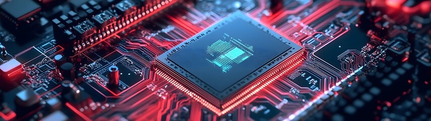 Poster - Closeup view of a complex circuit board with various electronic components microchips and a futuristic abstract design in shades of red blue and green  The image represents the advanced technology