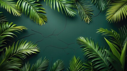 Poster - tropical green palm leaves arranged on a dark green background with visible branches creating a natu