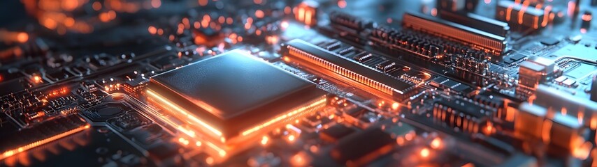 Leinwandbilder - Closeup view of a complex colorful electronic motherboard with various microchips processors and circuits glowing in the dark against a futuristic high tech background