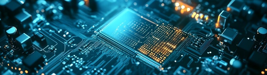 Leinwandbilder - Closeup view of a futuristic digital circuit board with glowing microchips processors and electronic components  Conceptual image representing modern intelligence data and information processing