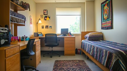 Poster - Cozy Student Dorm Room with Desk, Bed, and Colorful Decor