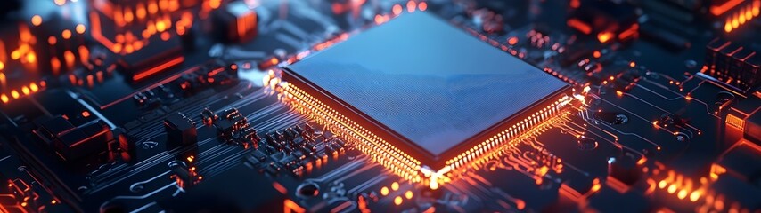 Poster - Closeup view of a futuristic computer processor microchip circuit board with glowing electronic connections and technological elements
