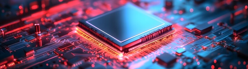 Poster - Closeup view of a powerful microchip on a high tech circuit board with glowing red lights representing the complexity and innovation of modern electronic technology and digital infrastructure