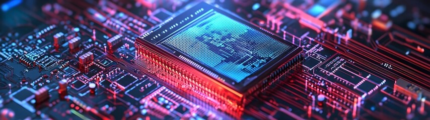 Poster - Closeup view of an intricate circuit board with complex microchips processors and electronic components symbolizing the advanced technology and digital innovation powering modern systems and machines