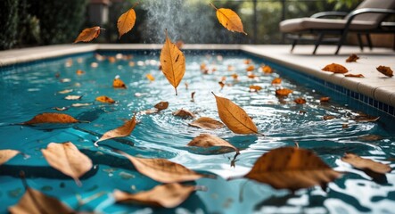 Poster - Autumn leaves floating on the surface of a clear swimming pool with a soft blur effect and reflections in the water