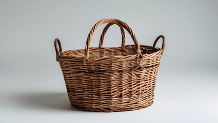 Canvas Print - Woven wicker basket with two handles on a neutral background showcasing craftsmanship and design elements