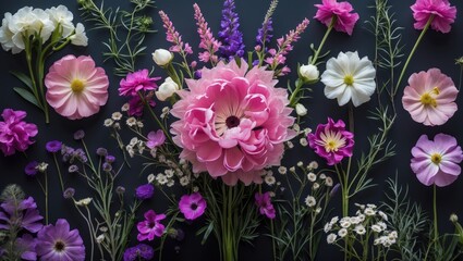 Poster - arrangement of various colorful flowers on a dark background capturing floral diversity and natural 