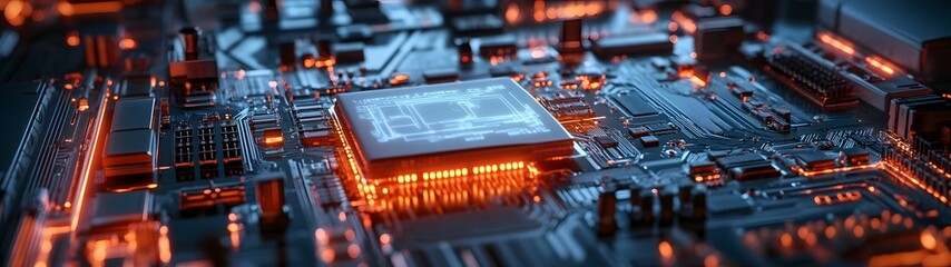 Leinwandbilder - Closeup view of the intricate circuitry and microchips on a futuristic computer motherboard showcasing the complex inner workings and advanced technology powering modern digital devices and systems