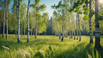 Poster - green birch tree forest in sunlight with tall grass and clear blue sky in spring season