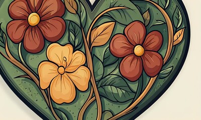 Wall Mural - floral heart design, intricate vines, foliage, digital art, romantic greeting card