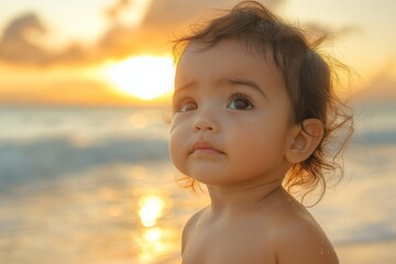 Wall Mural - Baby enjoying sunset by the beach with golden waves and warm sky reflecting love and tranquility