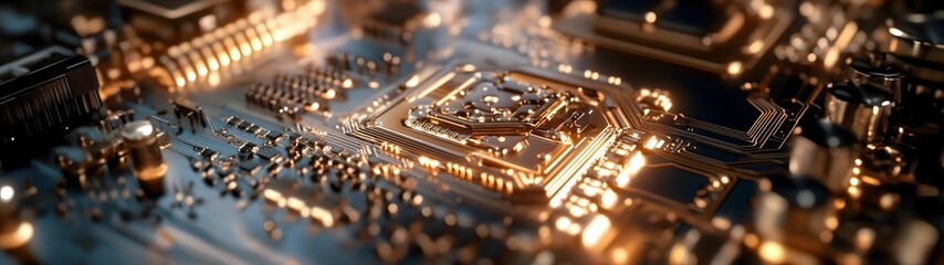 Fototapete - Detailed Close up Image of a High tech Computer Motherboard Showcasing the Intricate Circuitry and Microchips that Power Modern Digital Devices and Systems