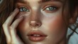© Chaikit - Premium skincare portrait, flawless complexion, subtle makeup, graceful hand touching face, sophisticated beauty shot, neutral color palette, professional lighting, fashion magazine style