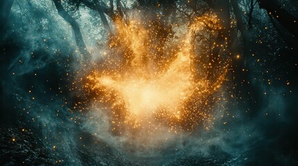 Poster - Enchanting Light Burst in Mysterious Forest at Dusk