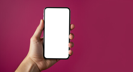 Poster - Smartphone in hand mockup featuring mobile phone with blank white screen held against a vibrant magenta background for app promotion. Smartphone mockup held in hand for product display