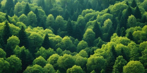 Wall Mural - Lush green forest landscape with dense trees and varying shades of green foliage under soft natural light