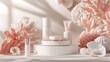 © Chaikit - Contemporary cosmetic display scene, pure white circular platform, ethereal coral background, organic floral elements, subtle light diffusion, premium product photography, minimal design