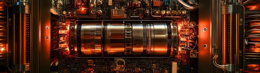 Poster - Detailed view of the complex and interconnected cybernetic architecture of an advanced electronic circuit board showcasing the sophisticated technology and engineering behind modern digital systems