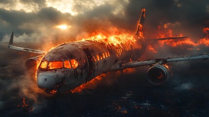Aufkleber - Dramatic and intense scene of a commercial airplane engulfed in flames and crashing through dark clouds during a fiery sunset causing a catastrophic disaster and chaos in the sky