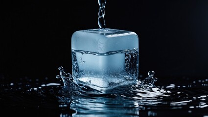 Poster - ice cube splashing into water creating ripples with dark background and light reflections