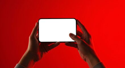 Poster - Smartphone in hands on red background. Hands holding smartphone with blank screen. Smartphone mockup in hand