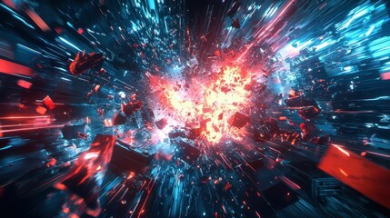 Poster - Abstract Explosion of Light and Color in Motion with Shattered Fragments
