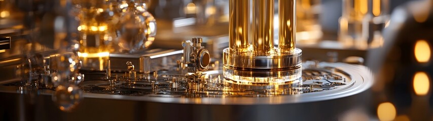 Fototapete - Exquisite close up view of an elegant antique clock mechanism featuring an ornate bronze and brass design with intricate gears cogs