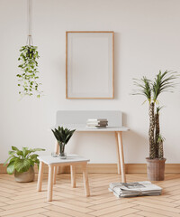 Wall Mural - picture interior home work desk mockup poster wood frame in empty picture, element interior vertical, on the wall. in illustration 3d render