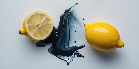 Lemons with one cut in half and black liquid spilled around them on a white background in minimalistic composition