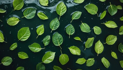 Poster - Green leaves floating on dark water surface, creating a natural pattern with reflections and droplets.