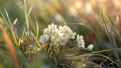 Poster - group of delicate white flowers surrounded by green grass in soft natural light during golden hour.