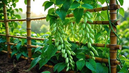 Wall Mural - Green legumes growing on bamboo trellis in agricultural setting with lush foliage and natural sunlight.