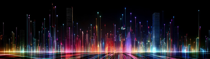 Aufkleber - Futuristic cityscape with glowing neon lights high rise skyscrapers and dynamic architectural structures  A modern technology driven urban landscape with a sense of energy progress and innovation