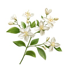 Wall Mural - White jasmine flowers and green leaves isolated on white background.