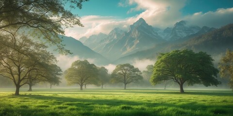 Canvas Print - Mountain landscape with trees and fog in a green meadow during early morning light