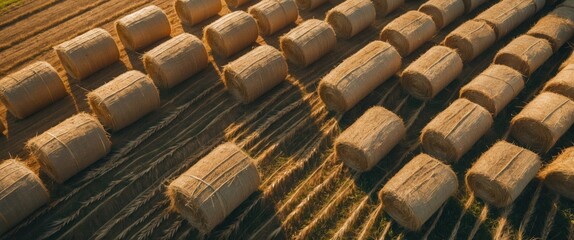 Wall Mural - Aerial view of round hay bales arranged in neat rows on a harvested field during golden hour light in agricultural landscape