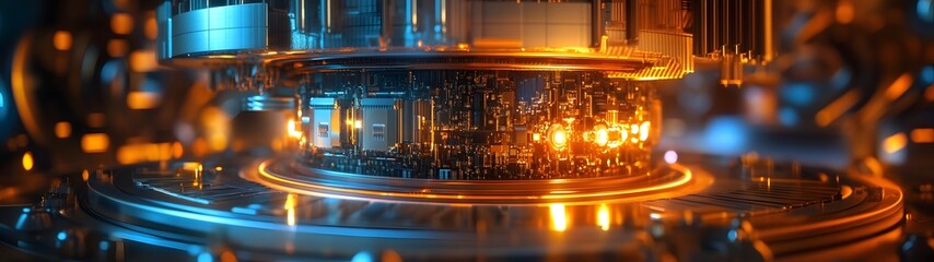 Poster - Futuristic energy reactor with glowing particle collider and complex circuitry powering the frontiers of scientific discovery and technological innovation  This high tech