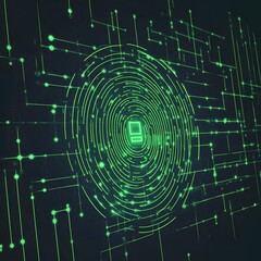 Fototapete - Futuristic fingerprint biometric security system with glowing radial patterns and data connections  Concept of digital identification encryption and privacy protection