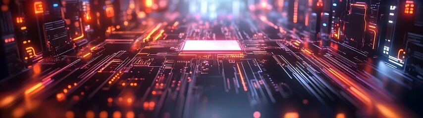 Leinwandbilder - Futuristic glowing circuit board backdrop with neon lights electronic patterns and high tech digital elements  Abstract cyberpunk inspired technology and innovation concept